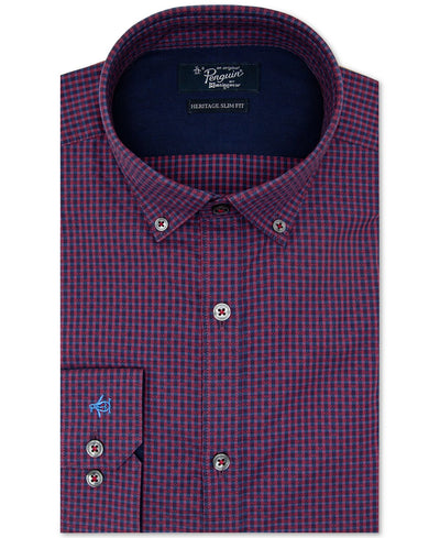 Original Penguin Heritage Slim-fit Performance Stretch Dot Check Dress Shirt Dark Red Check