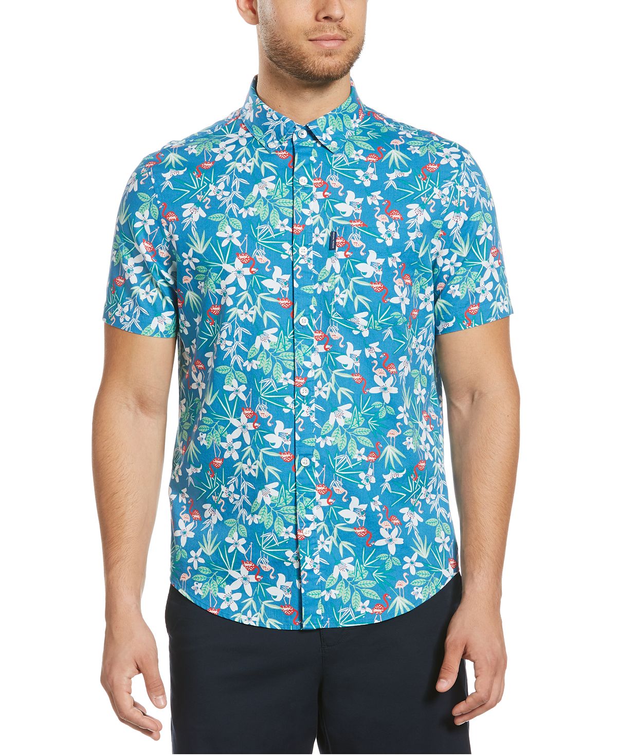 Original Penguin Slim-fit Dobby Tropical Print Short Sleeve Shirt Deep Water