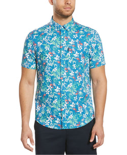 Original Penguin Slim-fit Dobby Tropical Print Short Sleeve Shirt Deep Water thumbnail 1