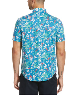 Original Penguin Slim-fit Dobby Tropical Print Short Sleeve Shirt Deep Water thumbnail 2