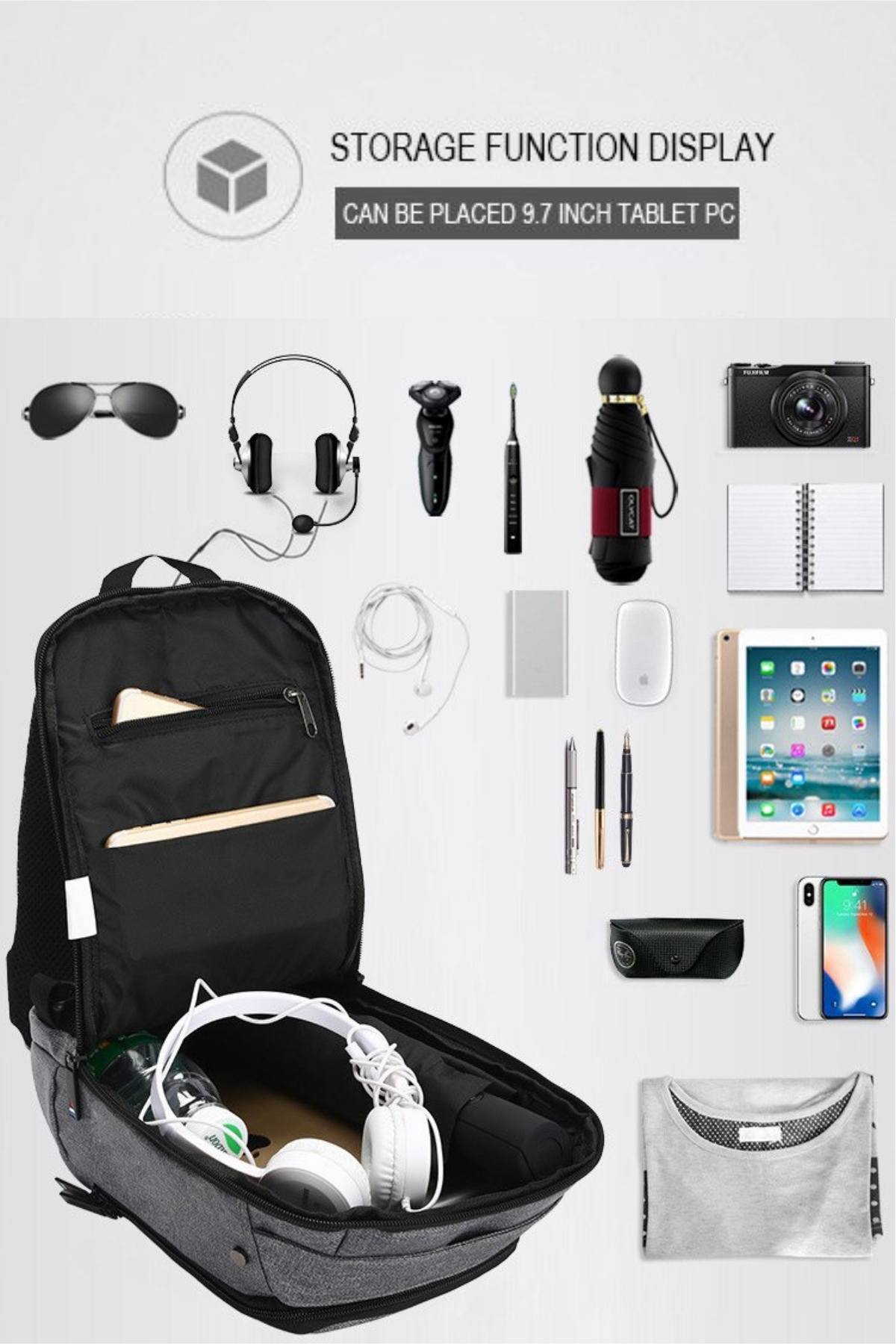 Ozuko Dark-Grey USB-Charging Crossbody Tablet Backpack-Bag