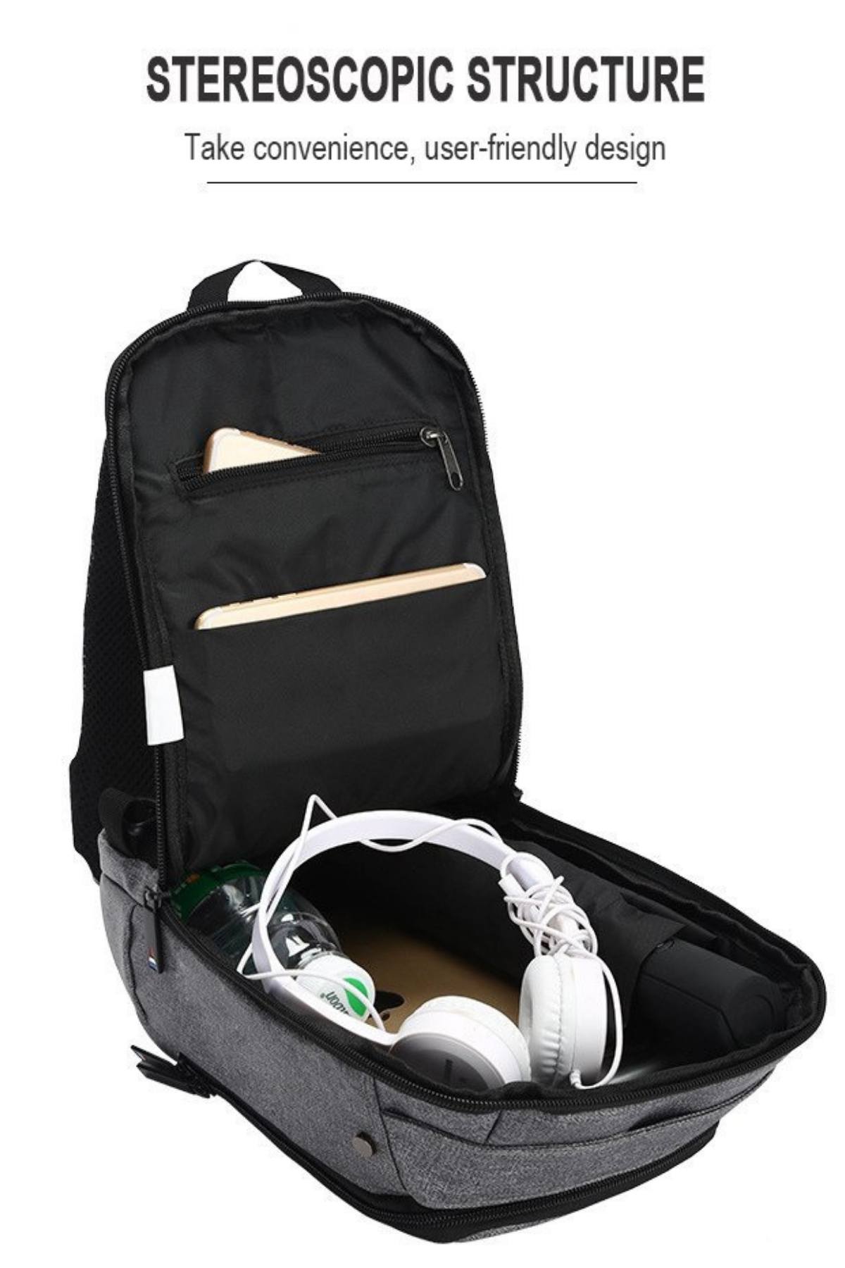 Ozuko Dark-Grey USB-Charging Crossbody Tablet Backpack-Bag