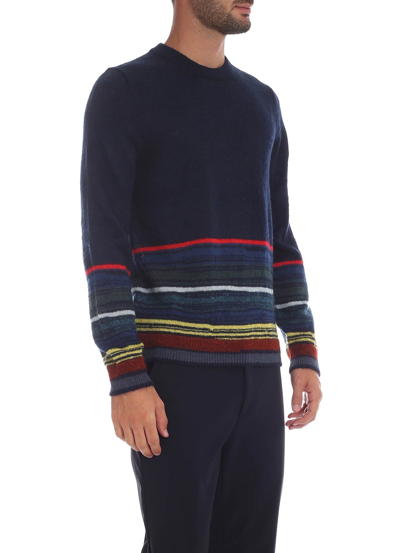 PS BY PAUL SMITH BLUE CREW-NECK PULLOVER WITH MULTICOLOR STRIPES