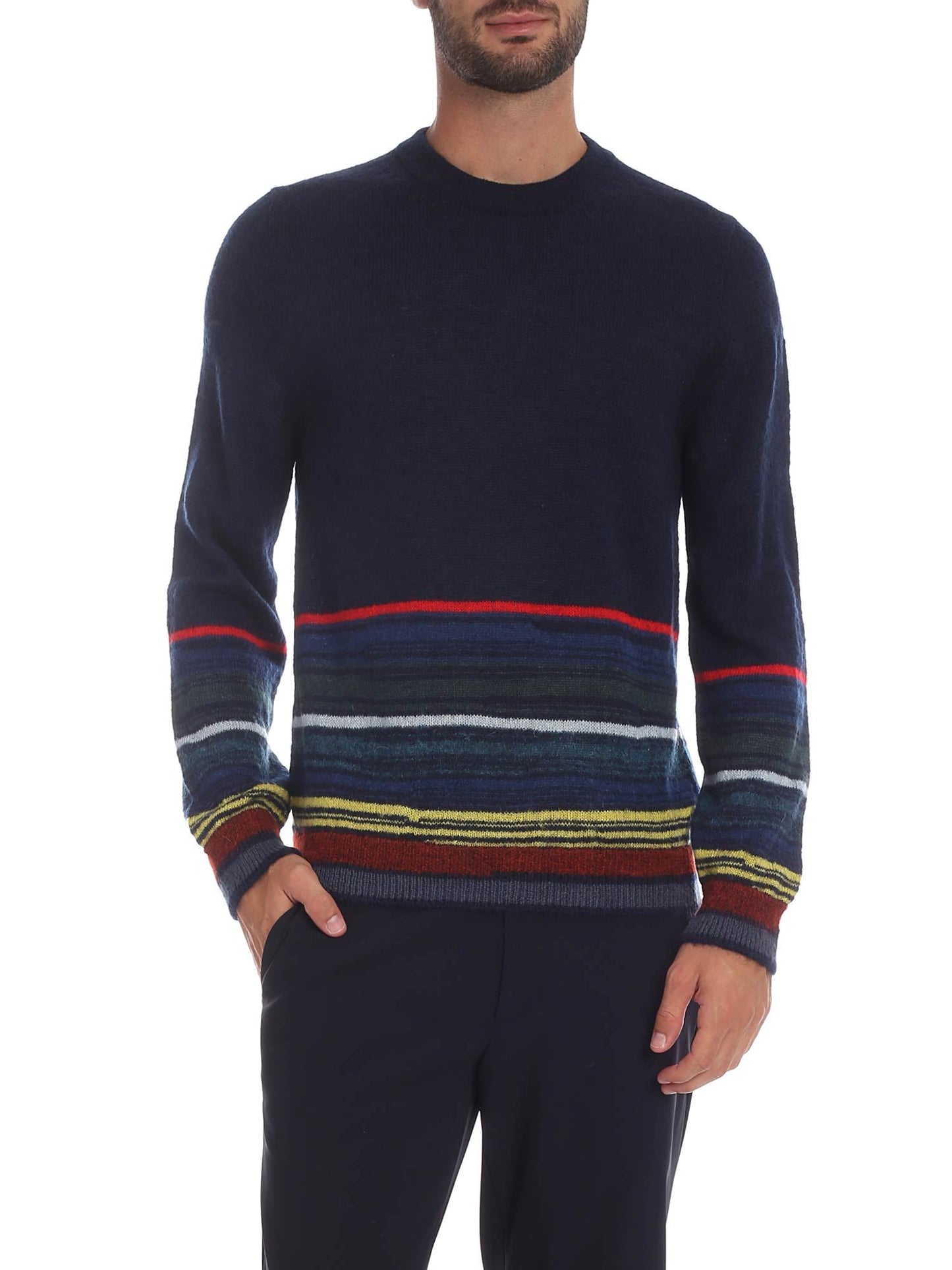 PS BY PAUL SMITH BLUE CREW-NECK PULLOVER WITH MULTICOLOR STRIPES