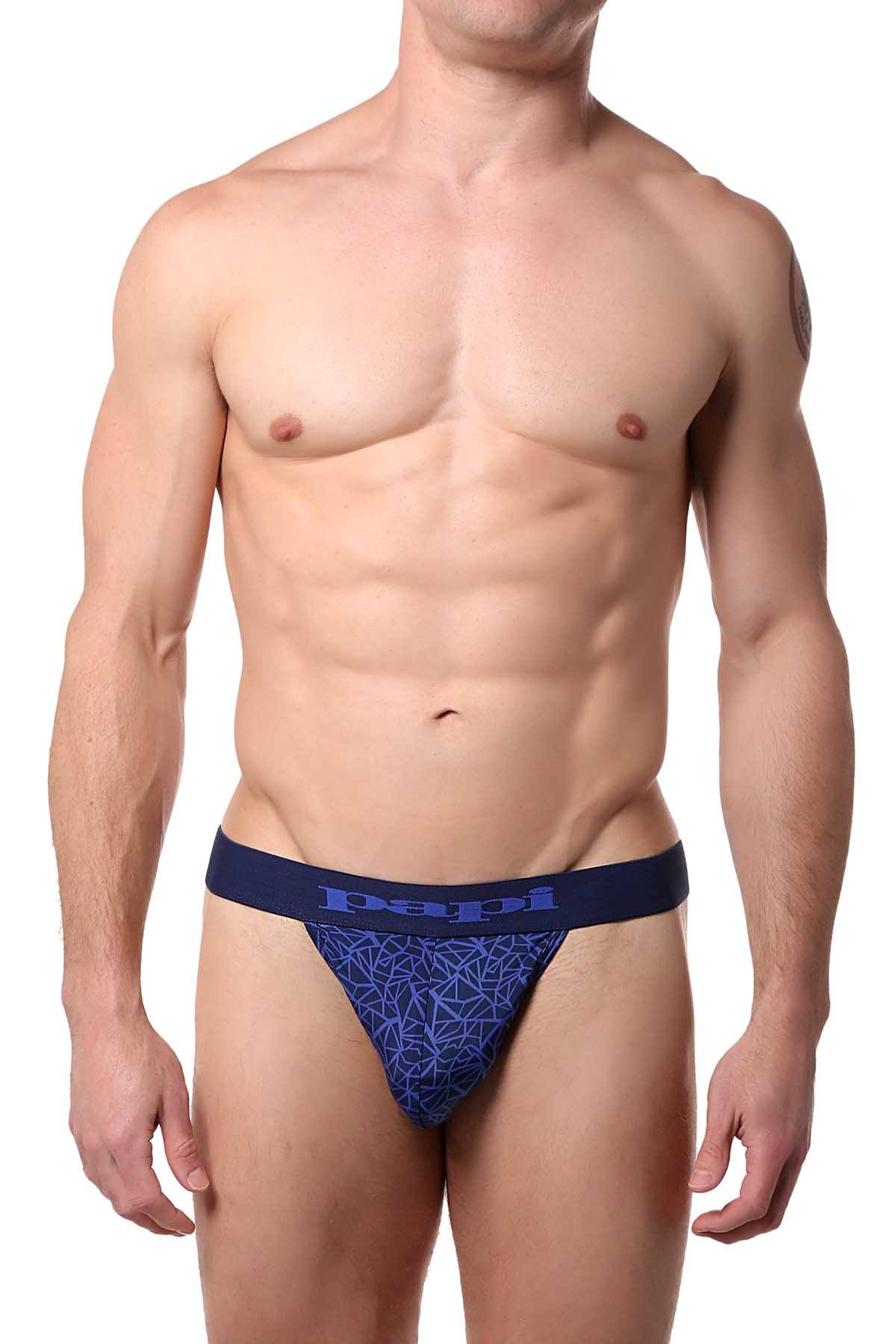 Papi Blue Geometric-Print Microflex Brazilian Thong