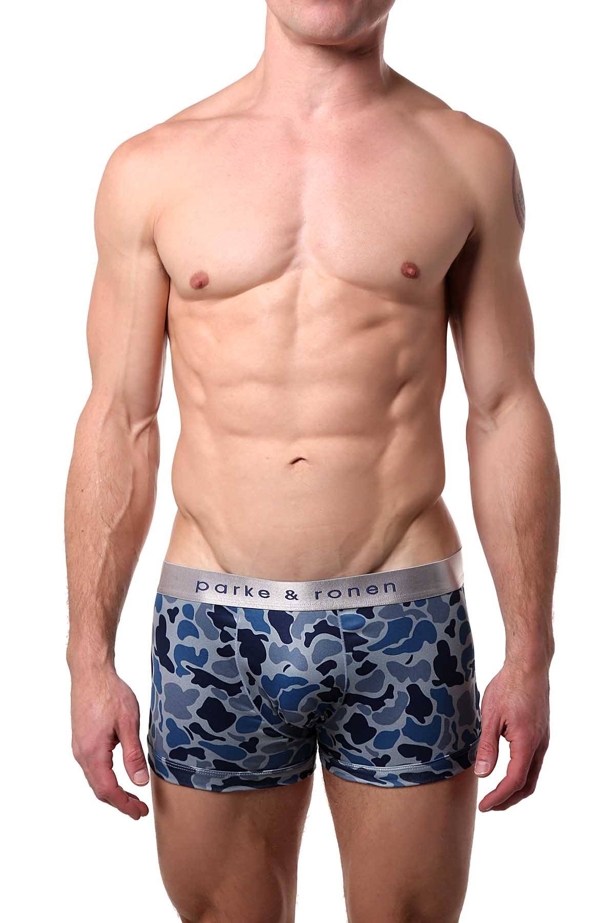Parke & Ronen Blue/Navy Camo-Printed Low-Rise Trunk
