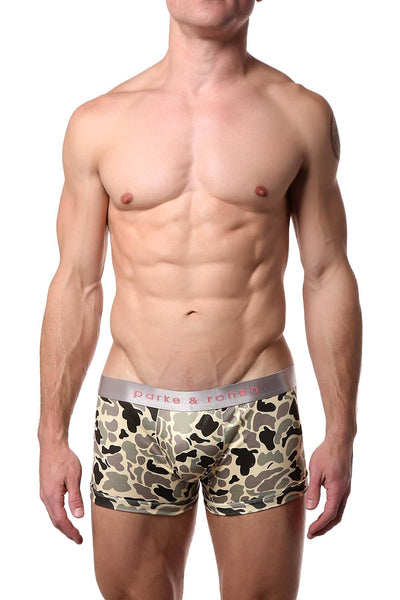Parke & Ronen Khaki/Green Camo-Printed Low-Rise Trunk