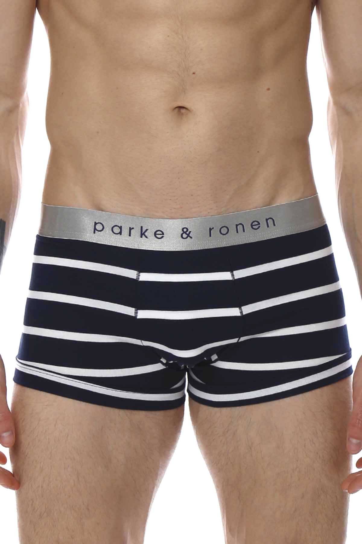 Parke & Ronen Navy/White Striped Low-Rise Trunk