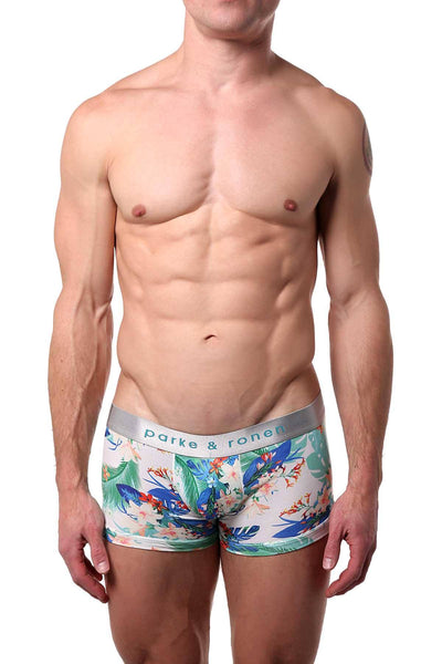 Parke & Ronen White Bali-Printed Low-Rise Trunk