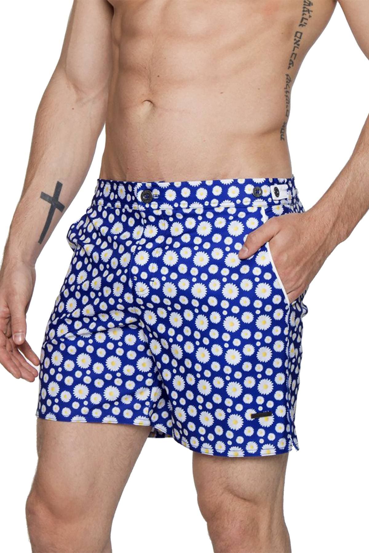 Parke and Ronen Navy Small Daisy Print 6" Catalonia Swim Short