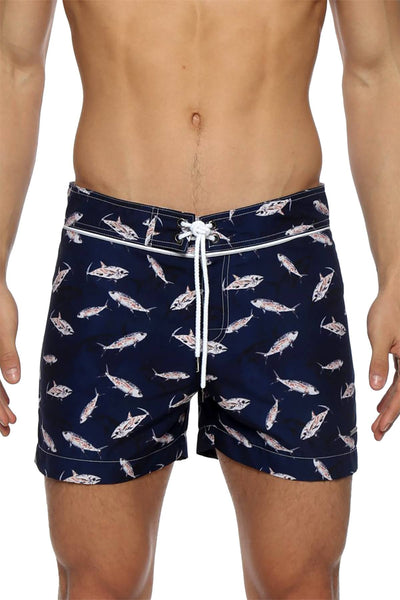 Parke and Ronen Navy Tuna Print 4" Classic Swim Short