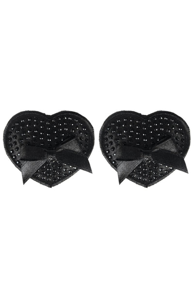 Peekaboos Black Satin With Black Stone and Bow Pasties