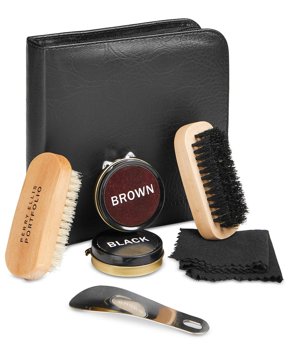 Perry Ellis Portfolio Leather Portfolio Five Piece Shoe Shine Gift Kit Black/Brown
