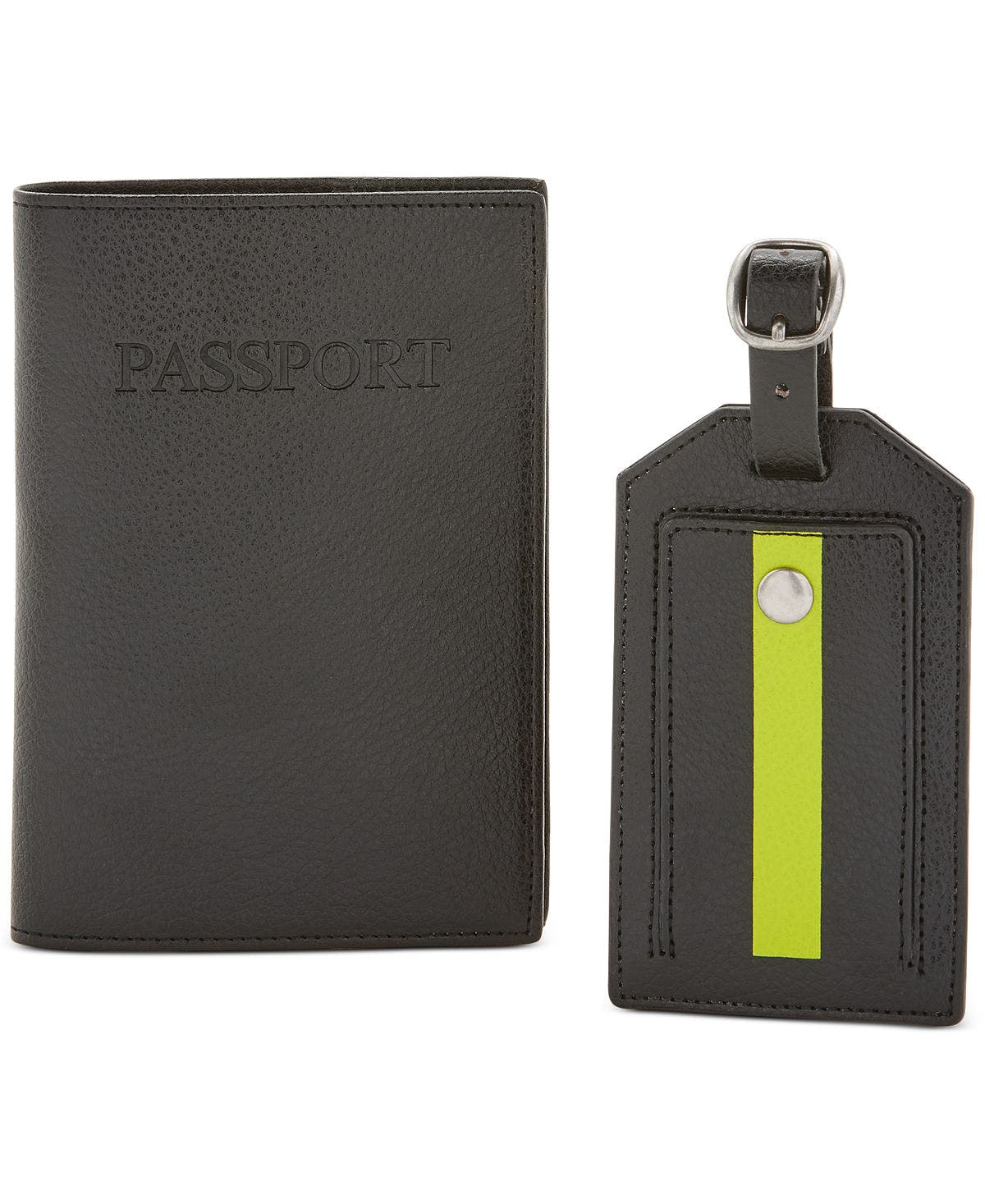 Perry Ellis Portfolio Passport Holder And Striped Luggage Tag Black