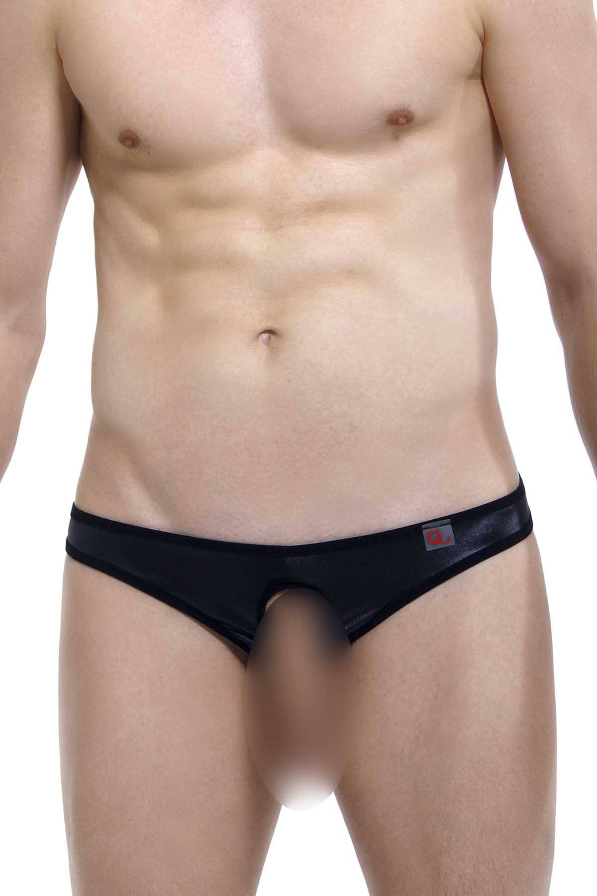 PetitQ Black Wet-Look Open-Front Thong