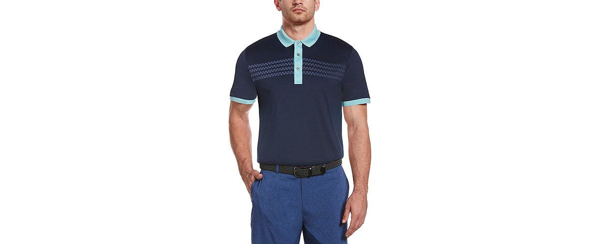 Pga Tour Performance Stretch Geo Stripe Polo Shirt Dress Blue