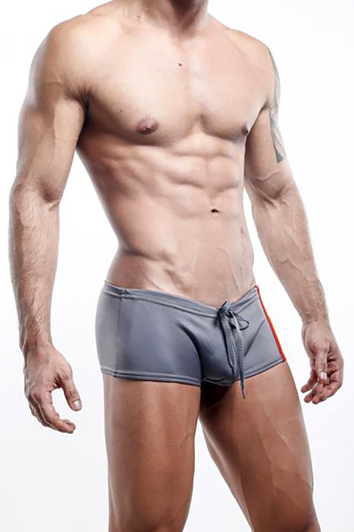 Pistol Pete Grey/Red Single-Stripe Swim Trunk
