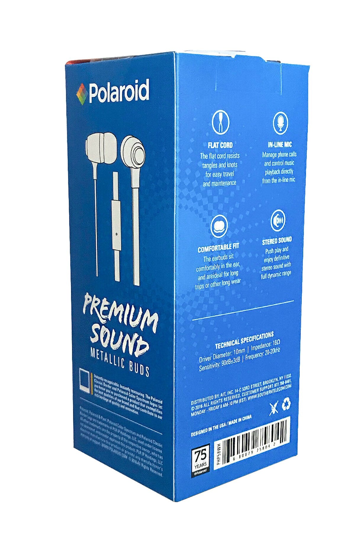 Polaroid White Metallic Premium Sound Earbuds with Microphone