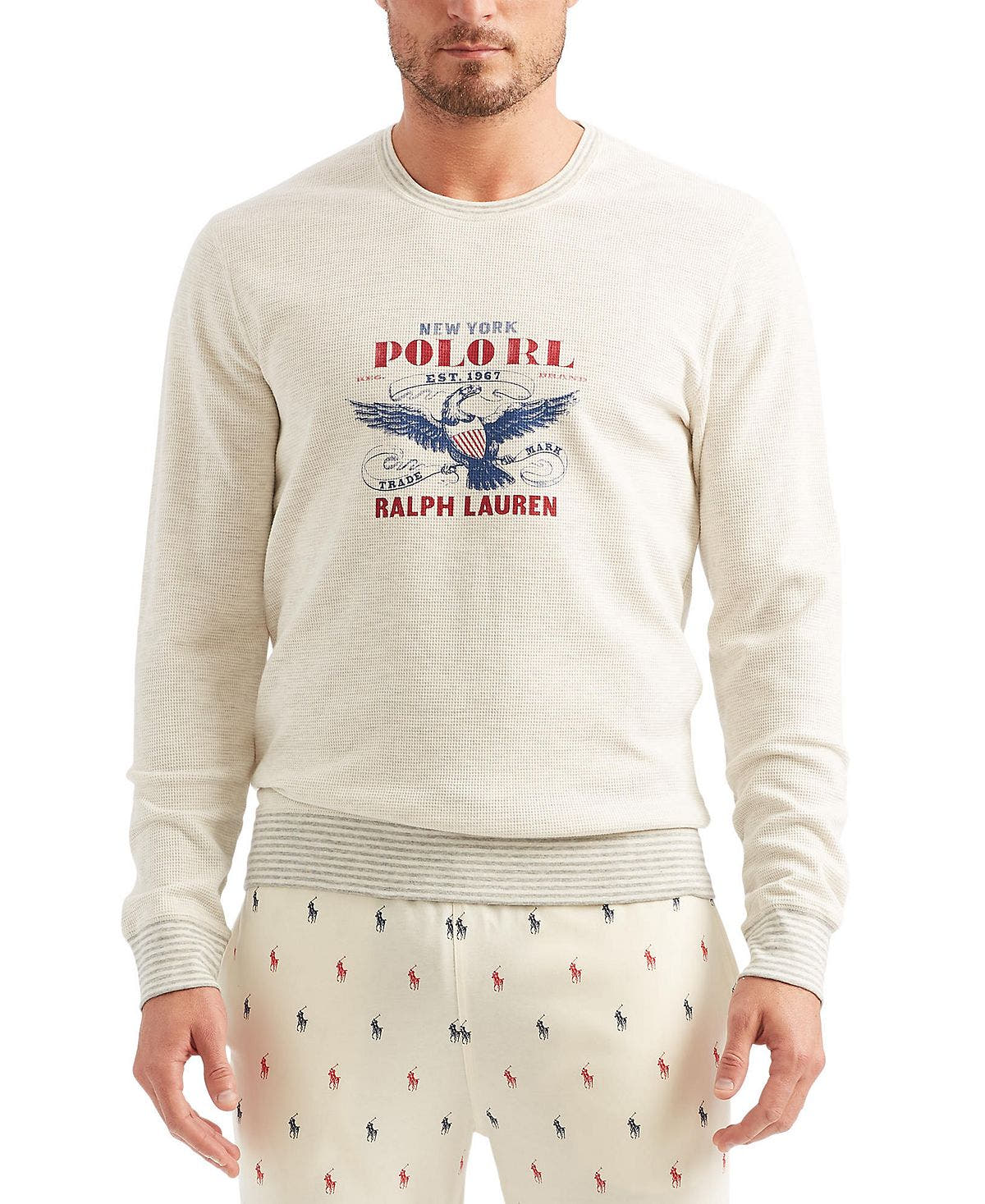 Polo Ralph Lauren Long-sleeve Graphic Waffle-knit Pajama Shirt Oatmeal Heather