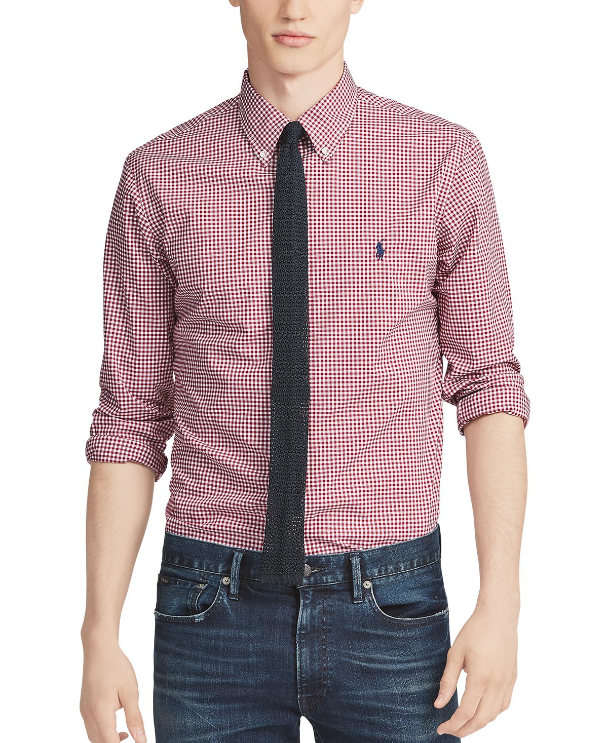 Polo Ralph Lauren Slim Fit Poplin Button Down Shirt Burgundy/White
