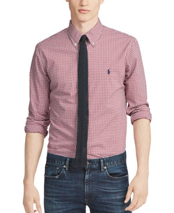 Polo Ralph Lauren Slim Fit Poplin Button Down Shirt Burgundy/White thumbnail 2