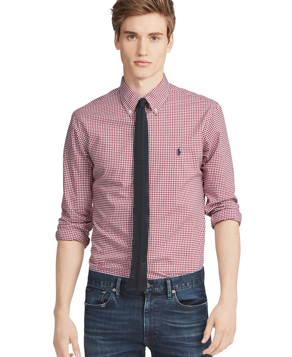 Polo Ralph Lauren Slim Fit Poplin Button Down Shirt Burgundy/White