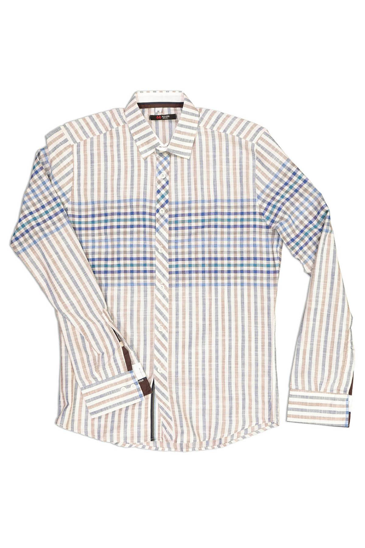 RNT23 Blue-Plaid Linen Button-Up