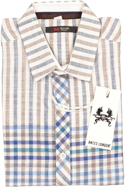 RNT23 Blue-Plaid Linen Button-Up