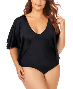 Raisins Curve Trendy Plus Juniors' Solid Stingray Flutter Sleeve One-piece Swimsuit Black thumbnail 1