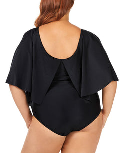 Raisins Curve Trendy Plus Juniors' Solid Stingray Flutter Sleeve One-piece Swimsuit Black thumbnail 2