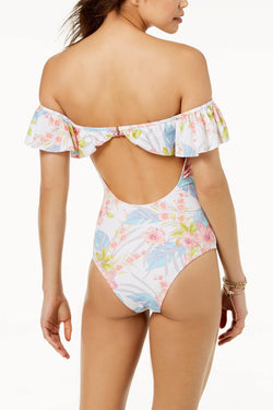 Raisins White-Floral Maui-Gardens Off-The-Shoulder Ruffle Cheeky Swimsuit thumbnail 2