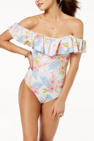 Raisins White-Floral Maui-Gardens Off-The-Shoulder Ruffle Cheeky Swimsuit