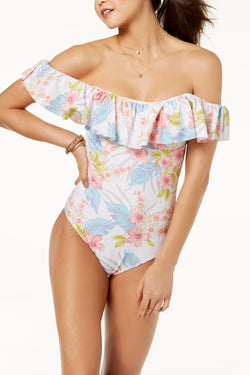 Raisins White-Floral Maui-Gardens Off-The-Shoulder Ruffle Cheeky Swimsuit thumbnail 1