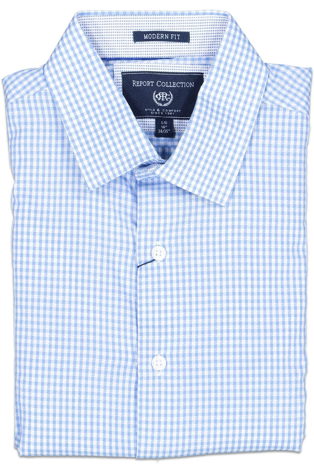 Report Collection Modern Fit Checkered Print Blue Dress Shirt