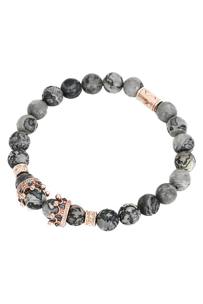 Rose-Gold Imperial Crown/Picasso Jasper Marble/Pavé Black CZ Bracelet
