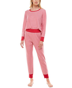 Roudelain Wo Long Sleeve Pullover Top & Leggings Pajama Set Magazine Stripe Crimson/white thumbnail 1