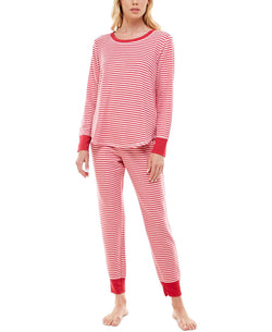 Roudelain Wo Long Sleeve Pullover Top & Leggings Pajama Set Magazine Stripe Crimson/white thumbnail 2