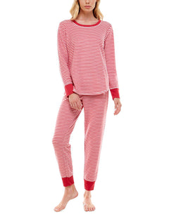 Roudelain Wo Long Sleeve Pullover Top & Leggings Pajama Set Magazine Stripe Crimson/white thumbnail 3