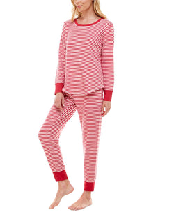 Roudelain Wo Long Sleeve Pullover Top & Leggings Pajama Set Magazine Stripe Crimson/white thumbnail 4