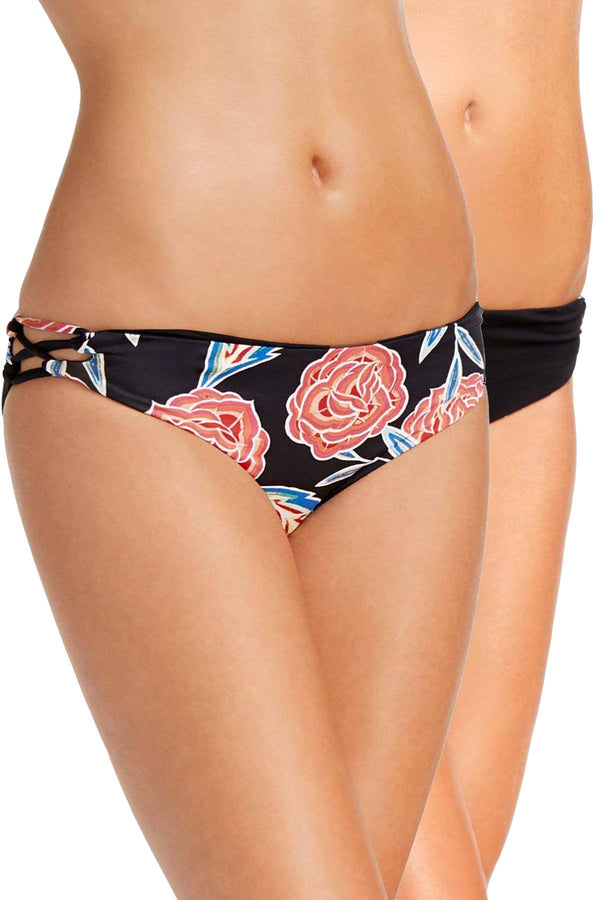 Roxy Anthracite Mexican-Rose Reversible Lace-Up 70's Bikini Bottom