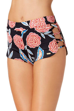Roxy Anthracite Mexican-Rose Softly Love Printed Strappy Boyshort Swim Bottom thumbnail 1