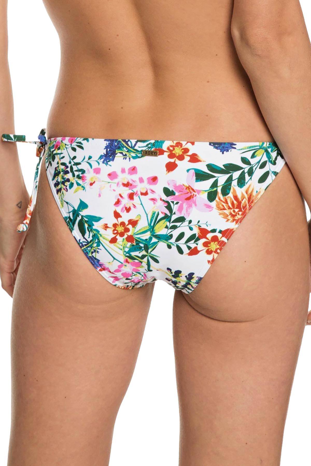 Roxy White/Floral-Soiree Softly-Love Side-Tie Surfer Bikini Bottom