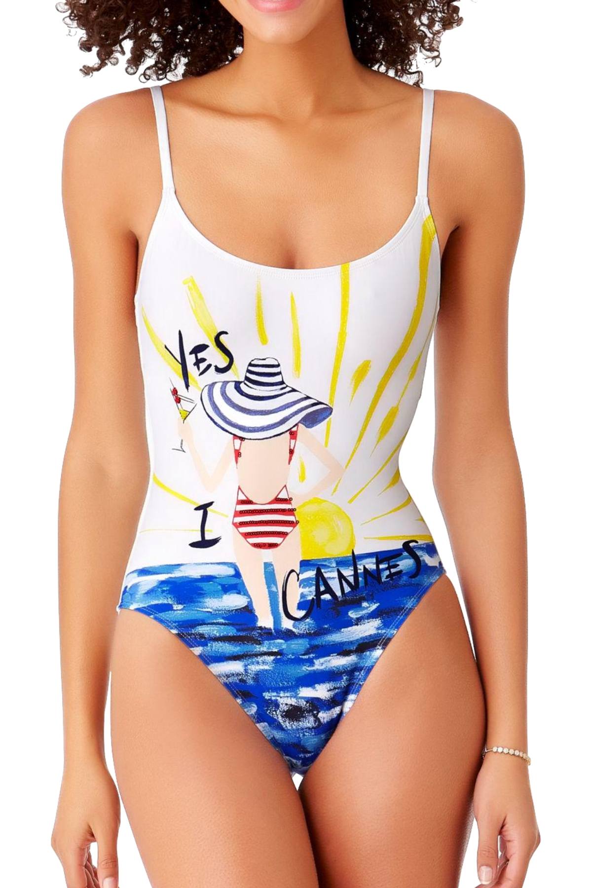 STUDIO Anne Cole White/Multi Yes-I-Cannes Graphic One-Piece Swimsuit