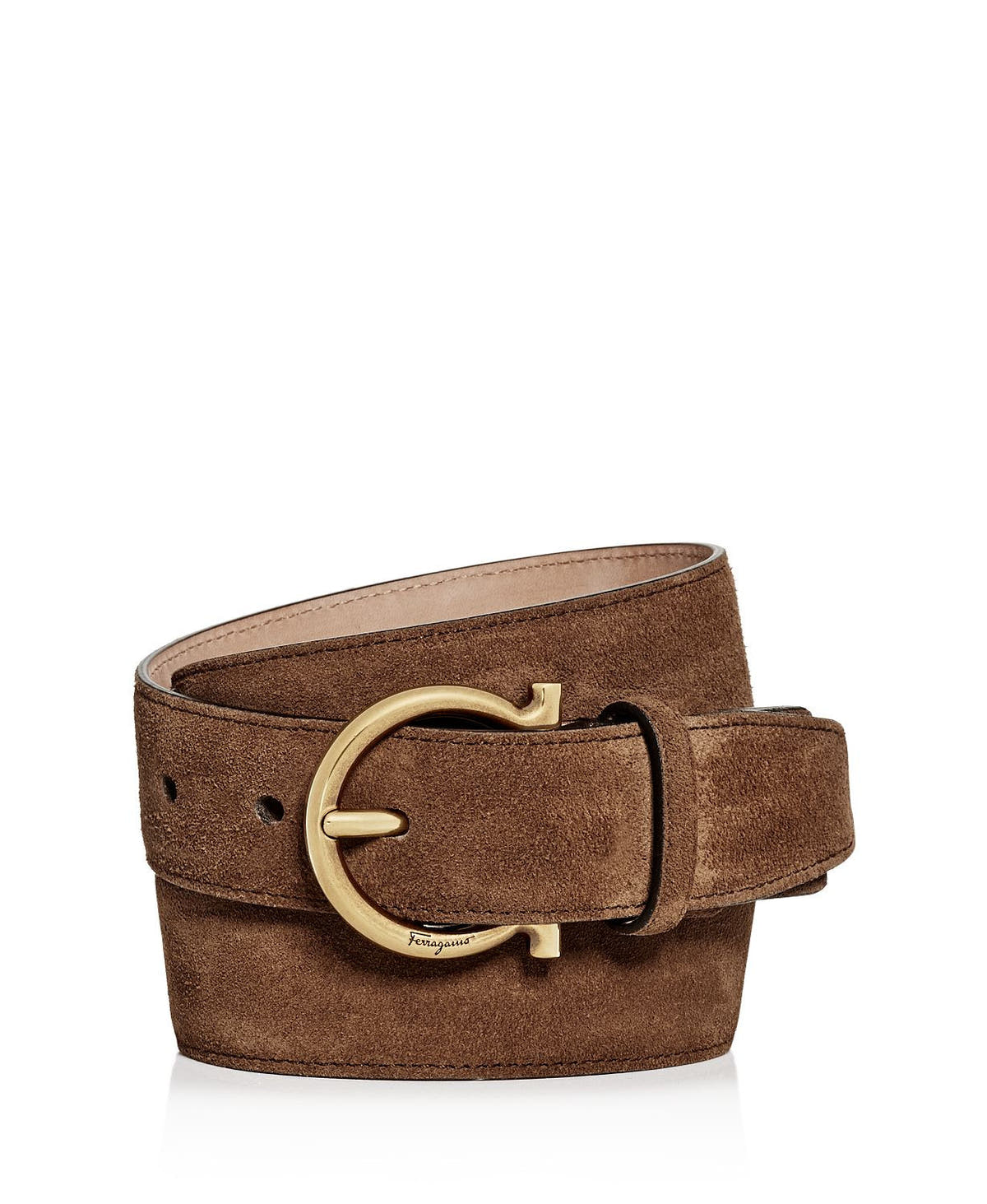 Salvatore Ferragamo Gancini Suede Belt Brown