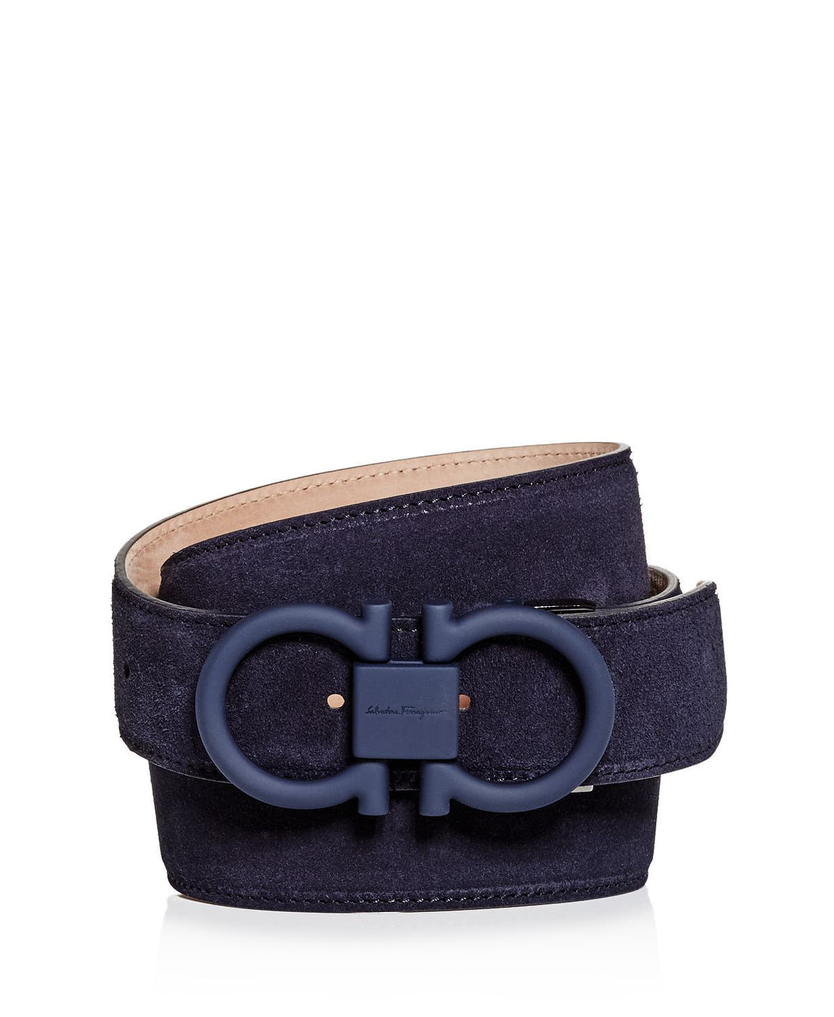 Salvatore Ferragamo Matte Double Gancini Buckle Suede Belt Navy