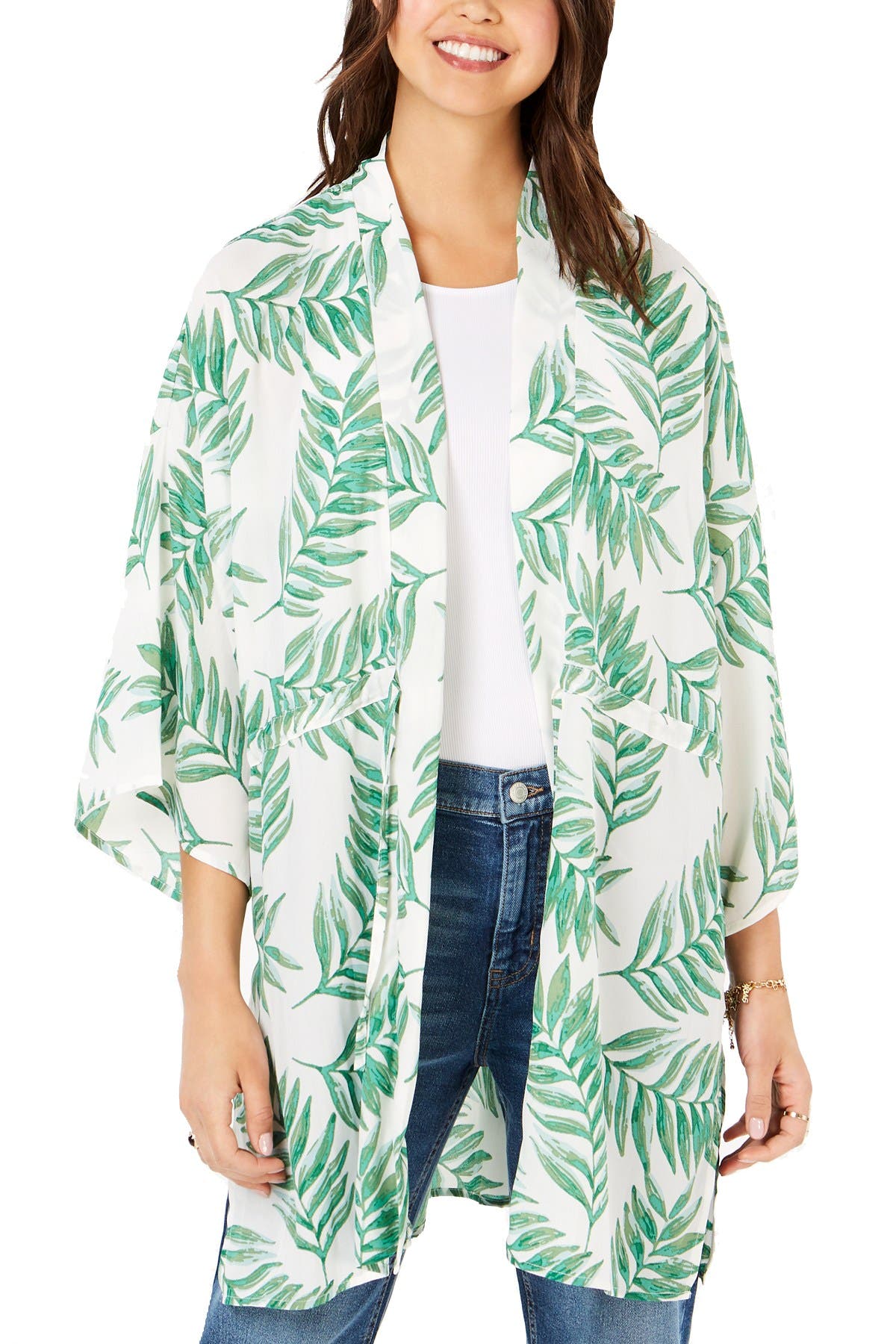 Say What? Ivory Juniors' Palm-Printed Tie-Front Kimono