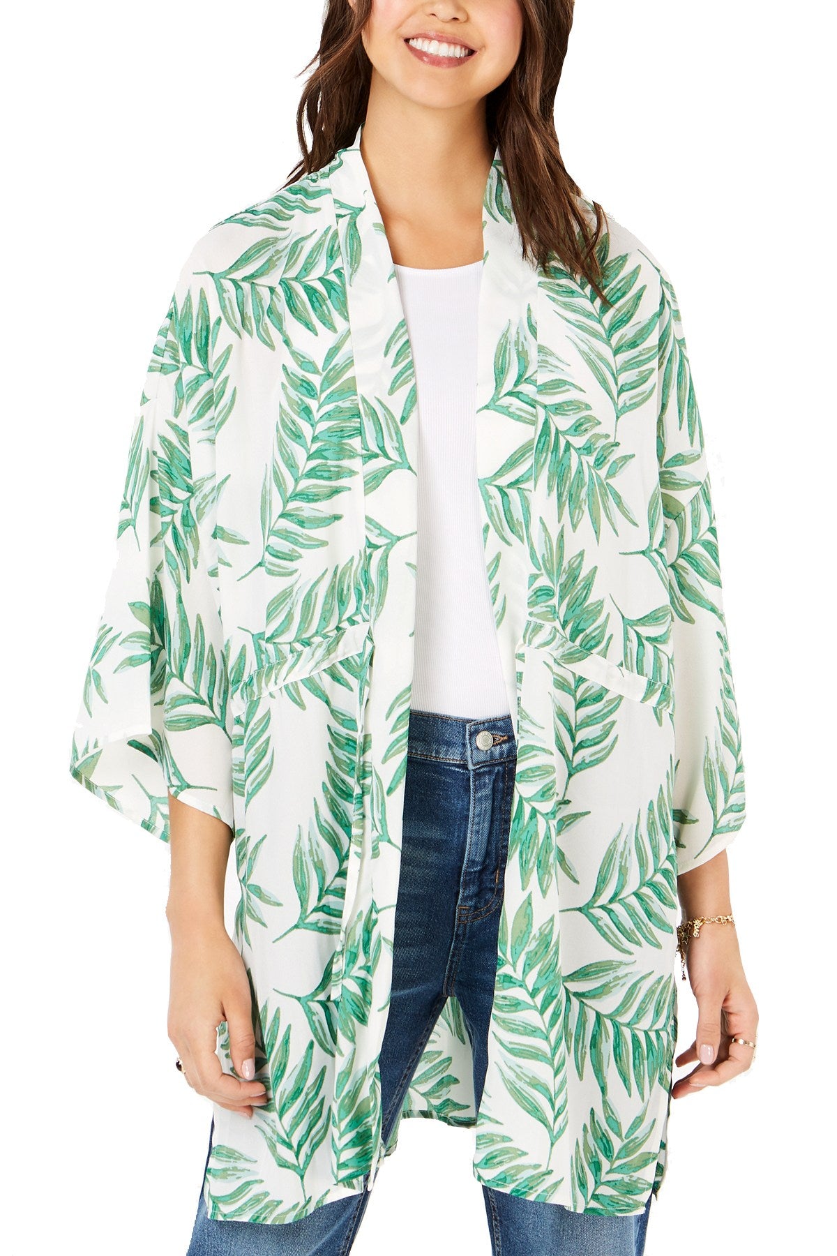 Say What? Ivory Juniors' Palm-Printed Tie-Front Kimono