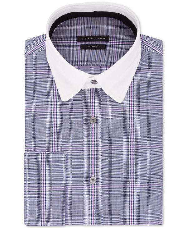 Sean John Classic/regular-fit Blue Plaid French Cuff Dress Shirt Blue Velvet