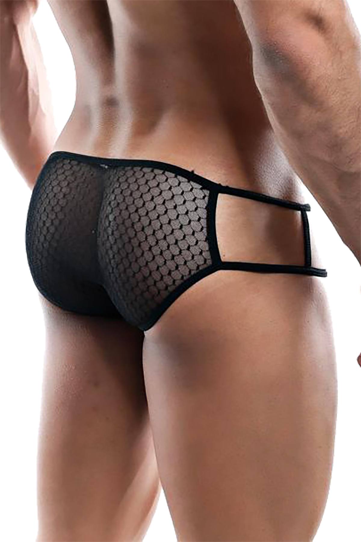 Secret Male Black Textured Mesh Open-Grid Sides Bikini Brief