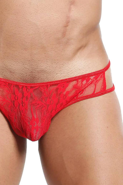 Secret Male Red Lace Strappy Sides Low Rise Bikini Brief